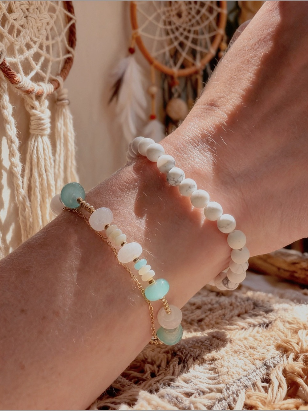 Delicate White and Aqua Beaded Bracelet Set - handmade